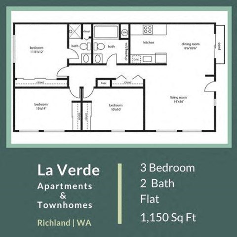 La Verde Apartments Three Bedroom Two Bathroom Floor Plan